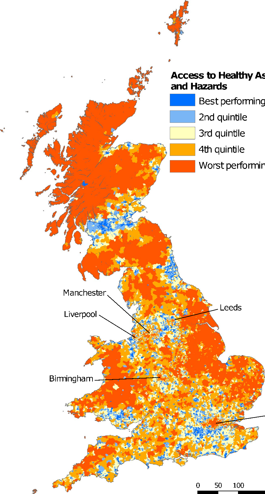 AHAH composite index map of Great Britain - blue areas have best access to healthy assets, orange/red areas have worst access