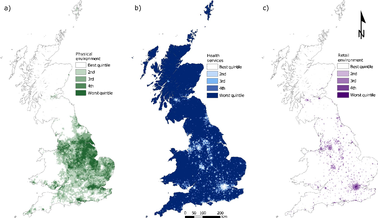 Domain maps - physical environment (green space & air quality), health services, and retail environment quintiles across Great Britain