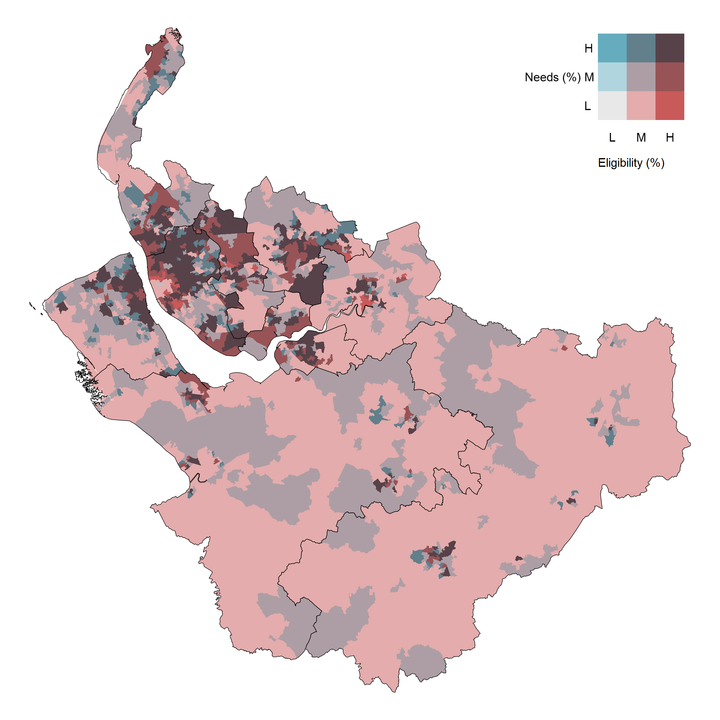 Bivariate map — housing retrofit need vs eligibility (C&M, LSOA level)