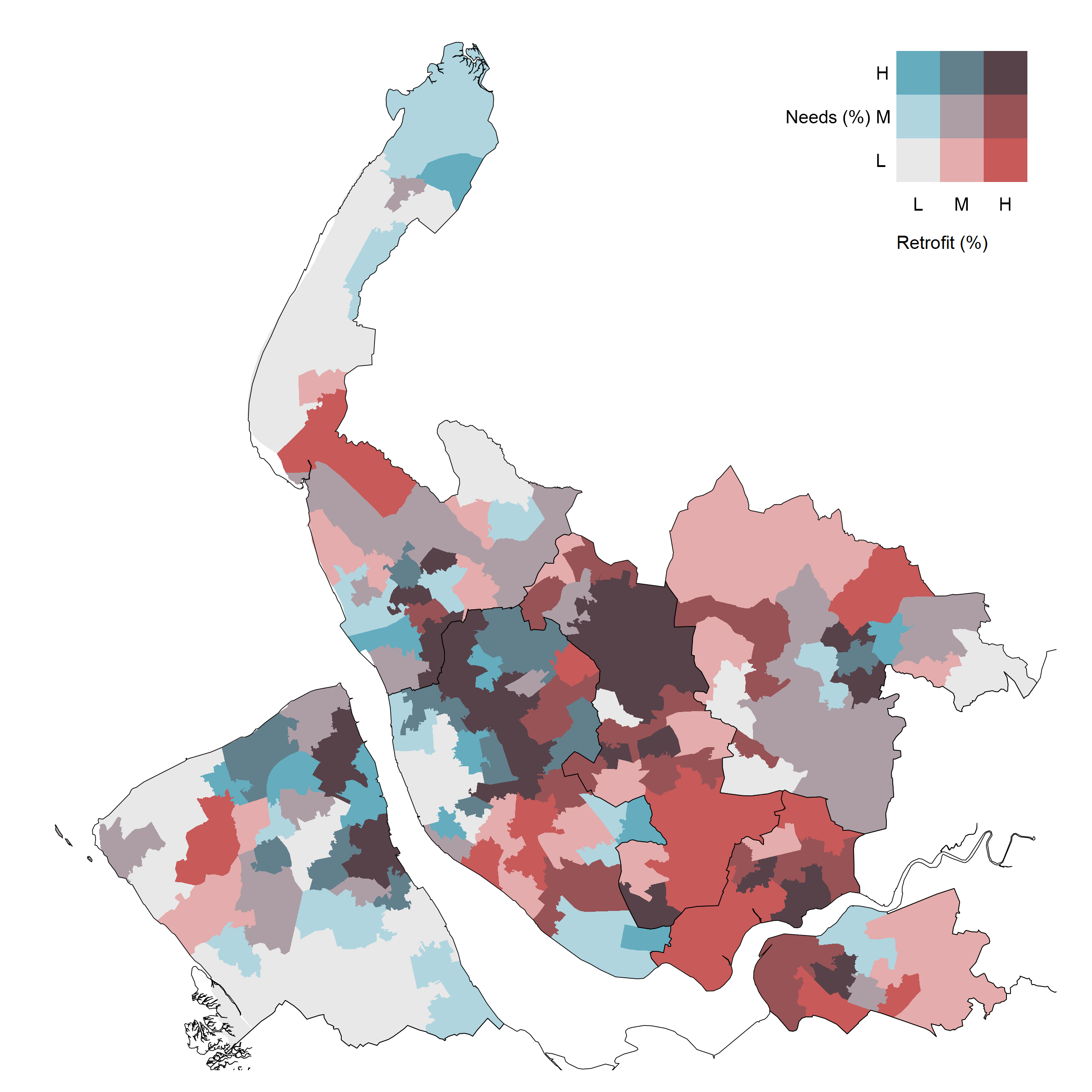 Bivariate map — housing retrofit need vs retrofit delivery (LCR, MSOA level)