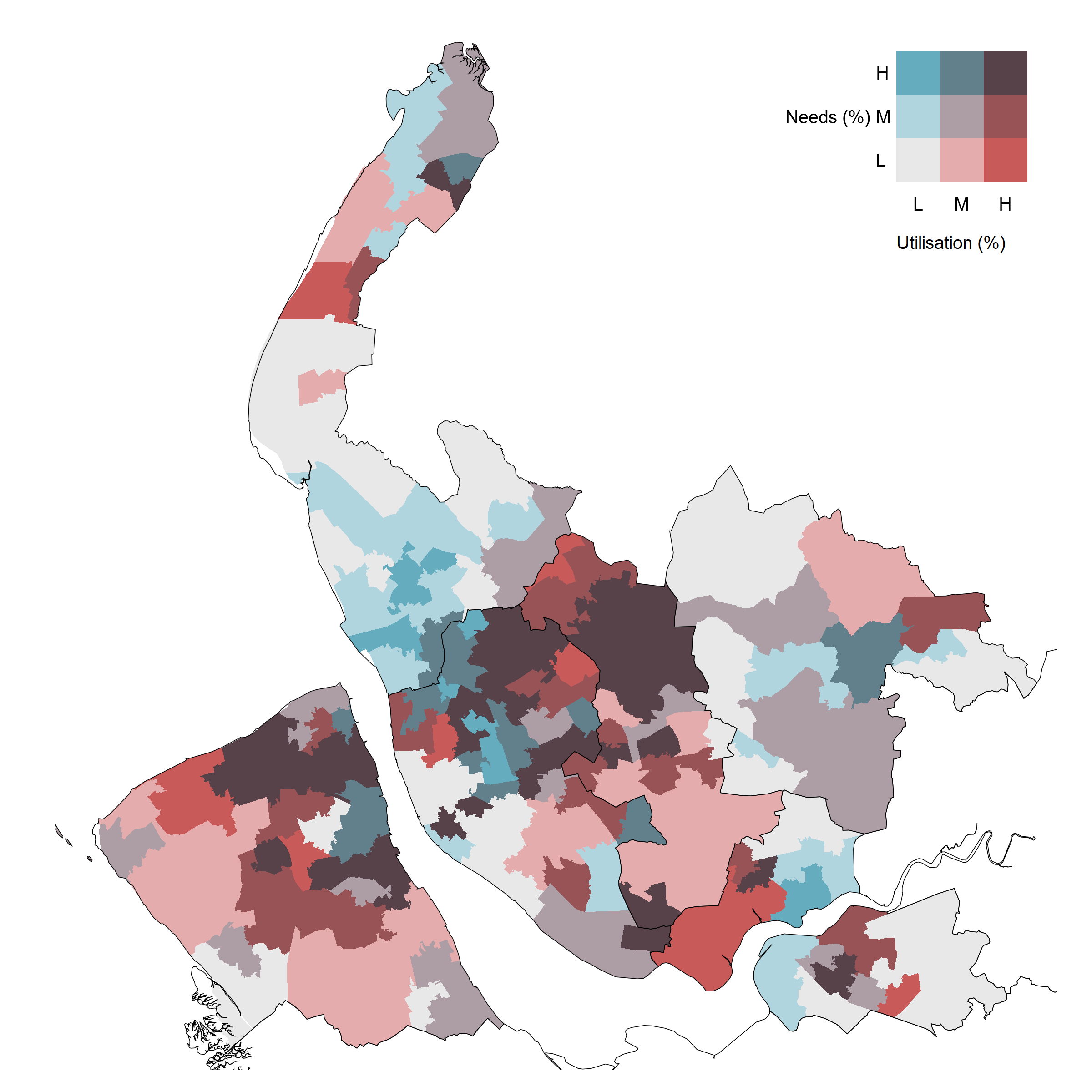Bivariate map — housing retrofit need vs healthcare utilisation (LCR, MSOA level)