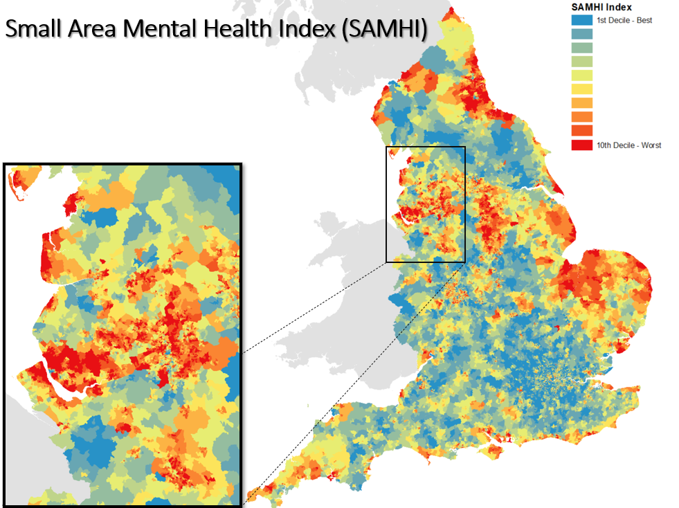 SAMHI choropleth map of England - decile rankings from best (blue) to worst (red) mental health, with North West inset highlighting urban concentration of poor mental health