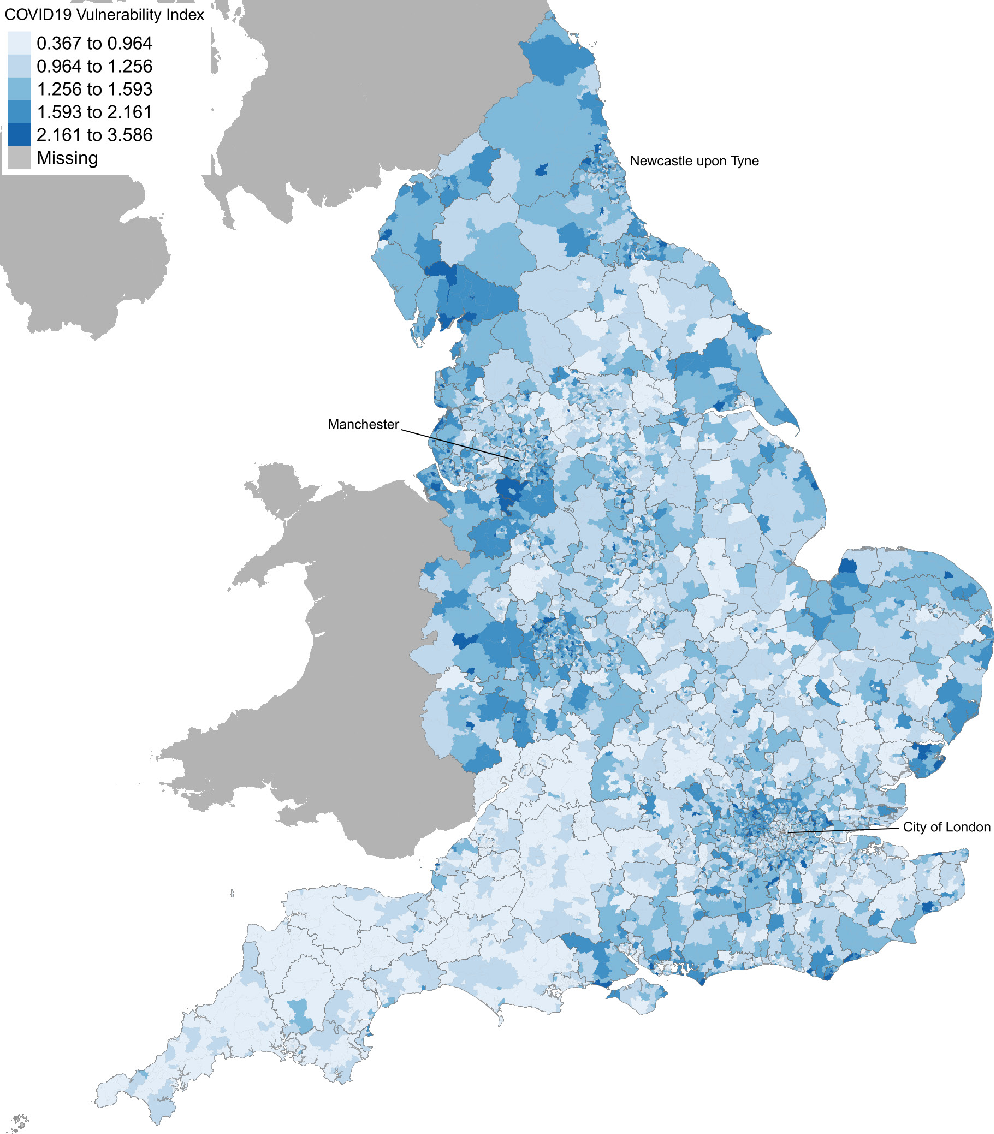 COVID-19 Small Area Vulnerability Index - choropleth map of England showing concentrated risk clusters in the North West, West Midlands, and North East