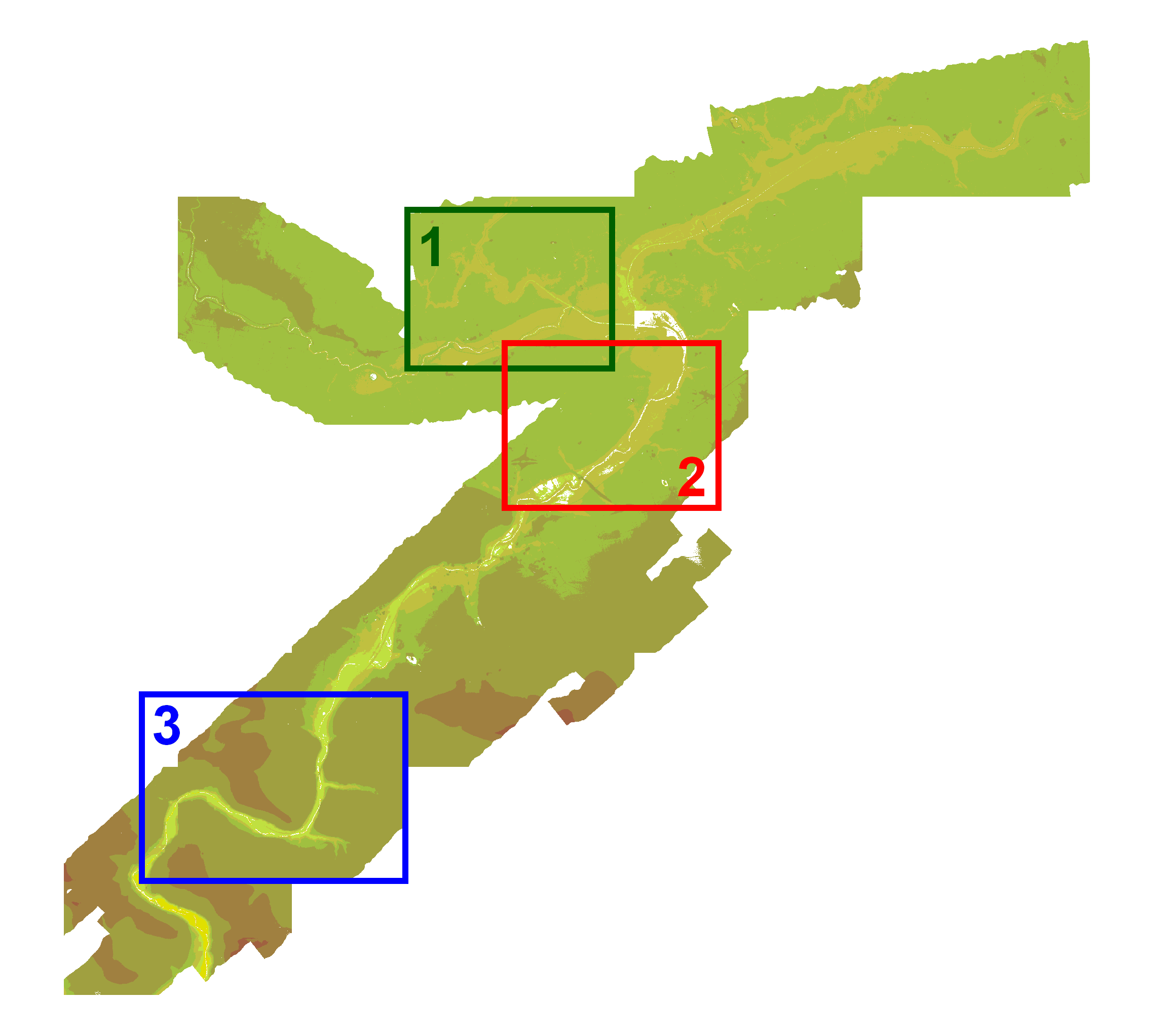 2D terrain model of 3 selected flood areas